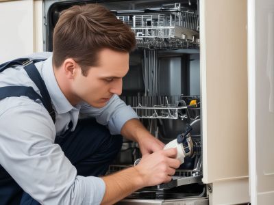 Professional dishwasher repair technician working on appliance