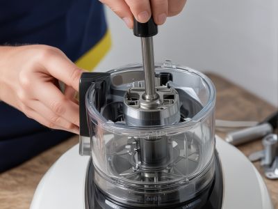 Food processor repair technician working on kitchen appliance