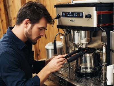 Coffee maker repair specialist working on espresso machine