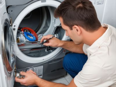 Washing machine repair service professional working on laundry appliance