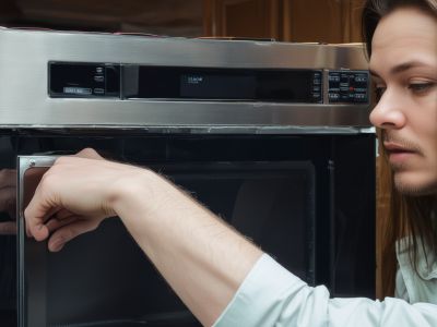 Microwave repair service technician working on kitchen appliance