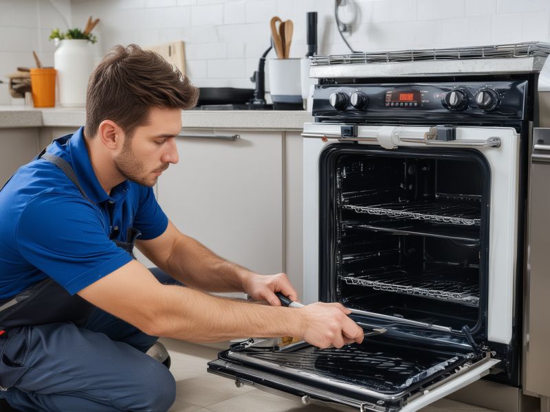 Professional appliance repair technician working on kitchen appliance